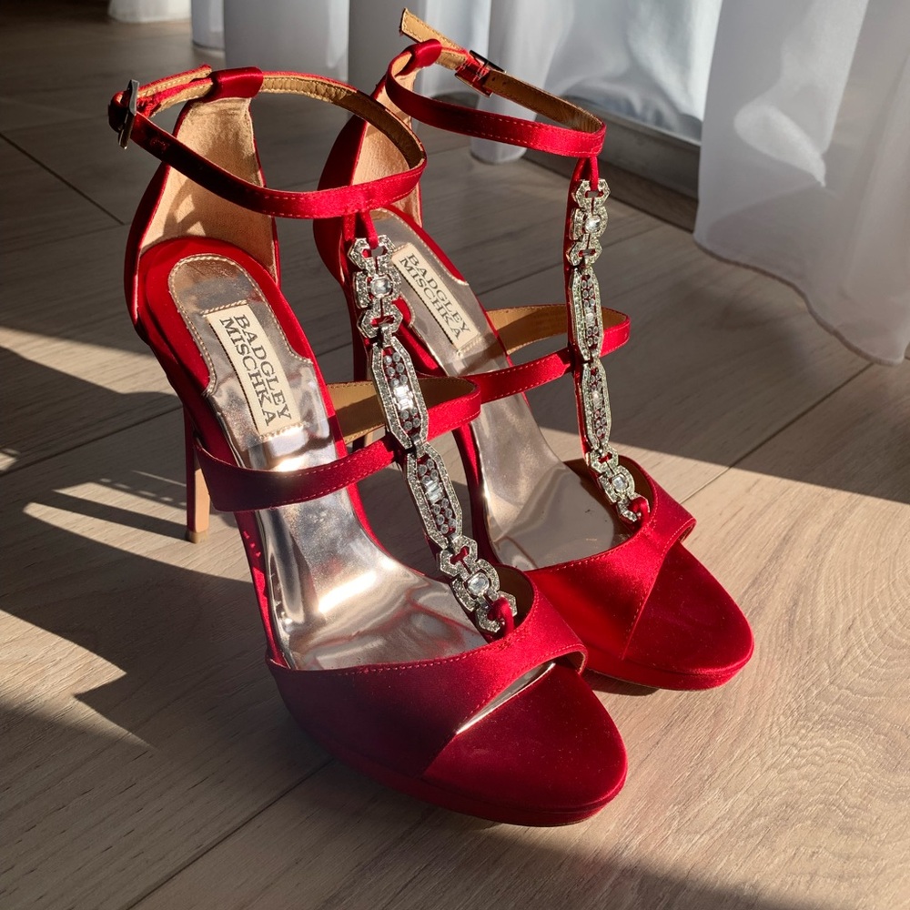 Badgley Mischa Pilar T-strap Rhinestone Red Satin Strappy High Heels leatherSole